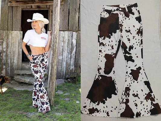 Adult cow print denim western bell bottom jeans    P0120
