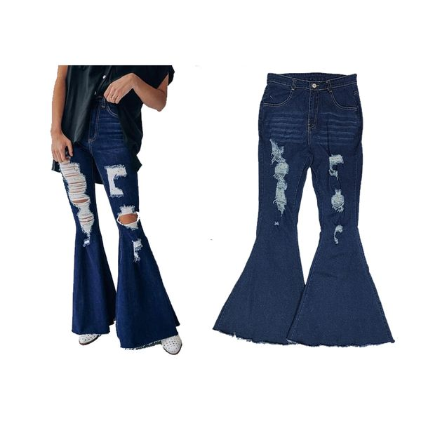 Adult navy denim Hole bell bottom jeans P0118