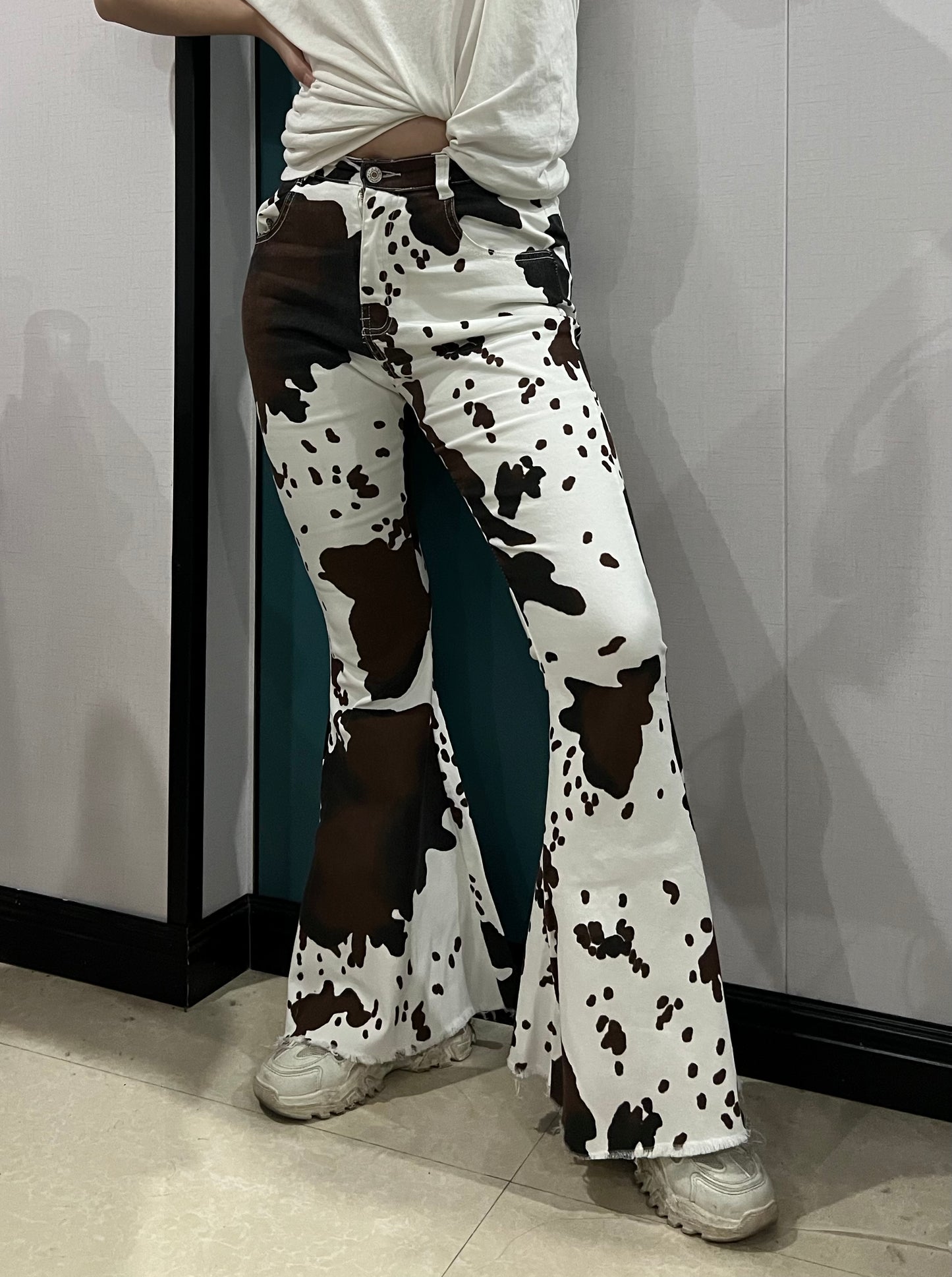 Adult cow print denim western bell bottom jeans P0120