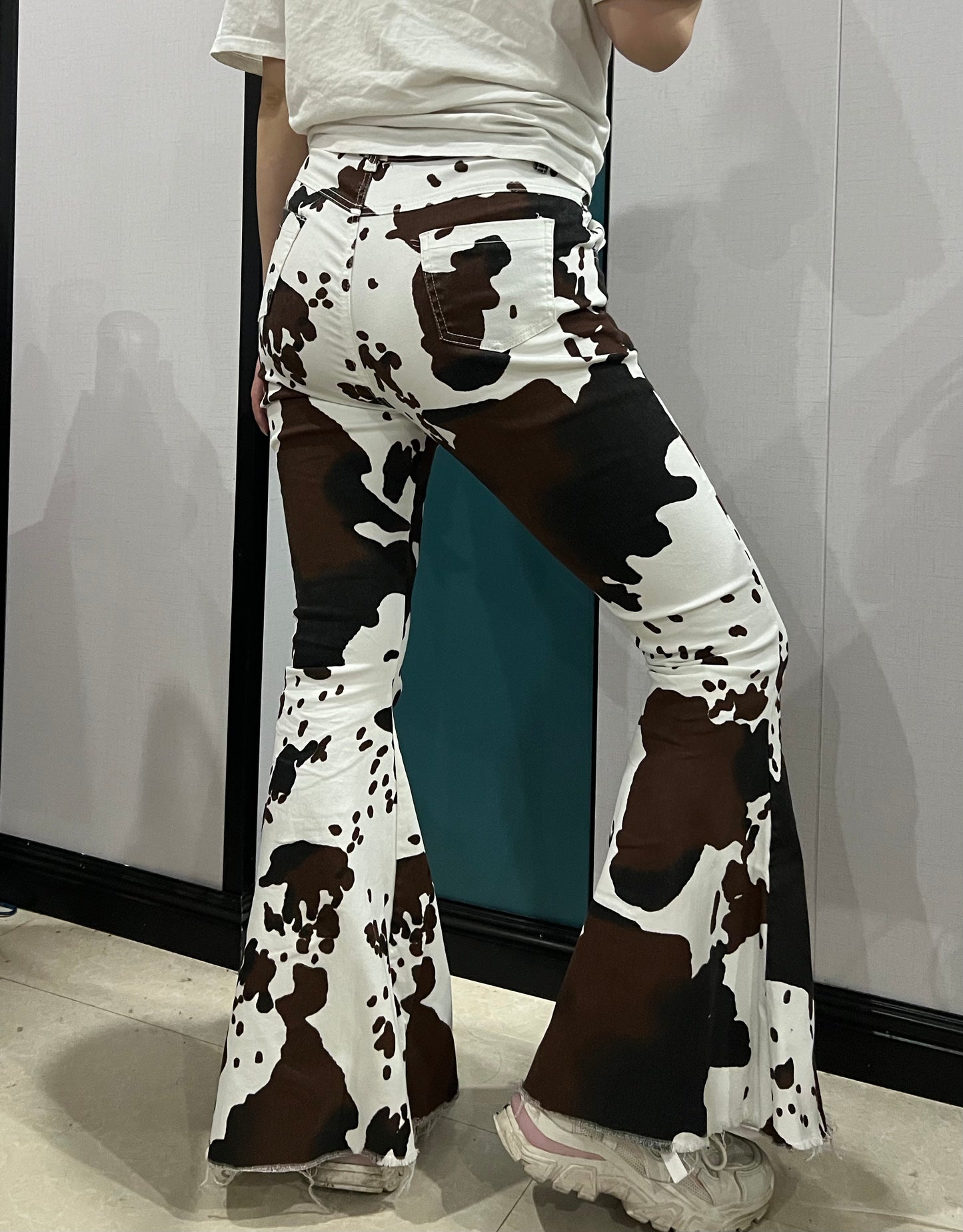 Adult cow print denim western bell bottom jeans P0120