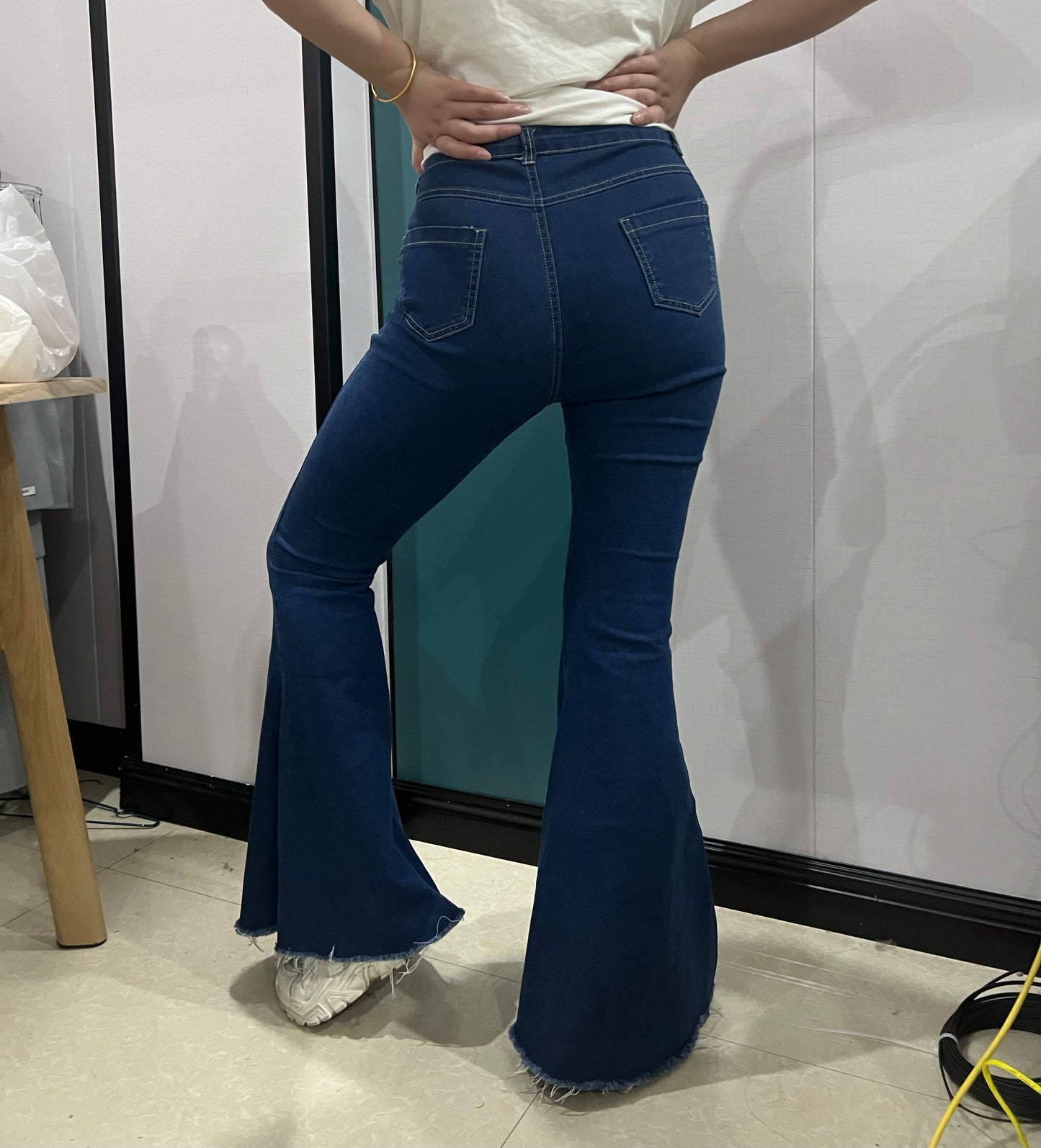 Adult navy denim Hole bell bottom jeans P0118