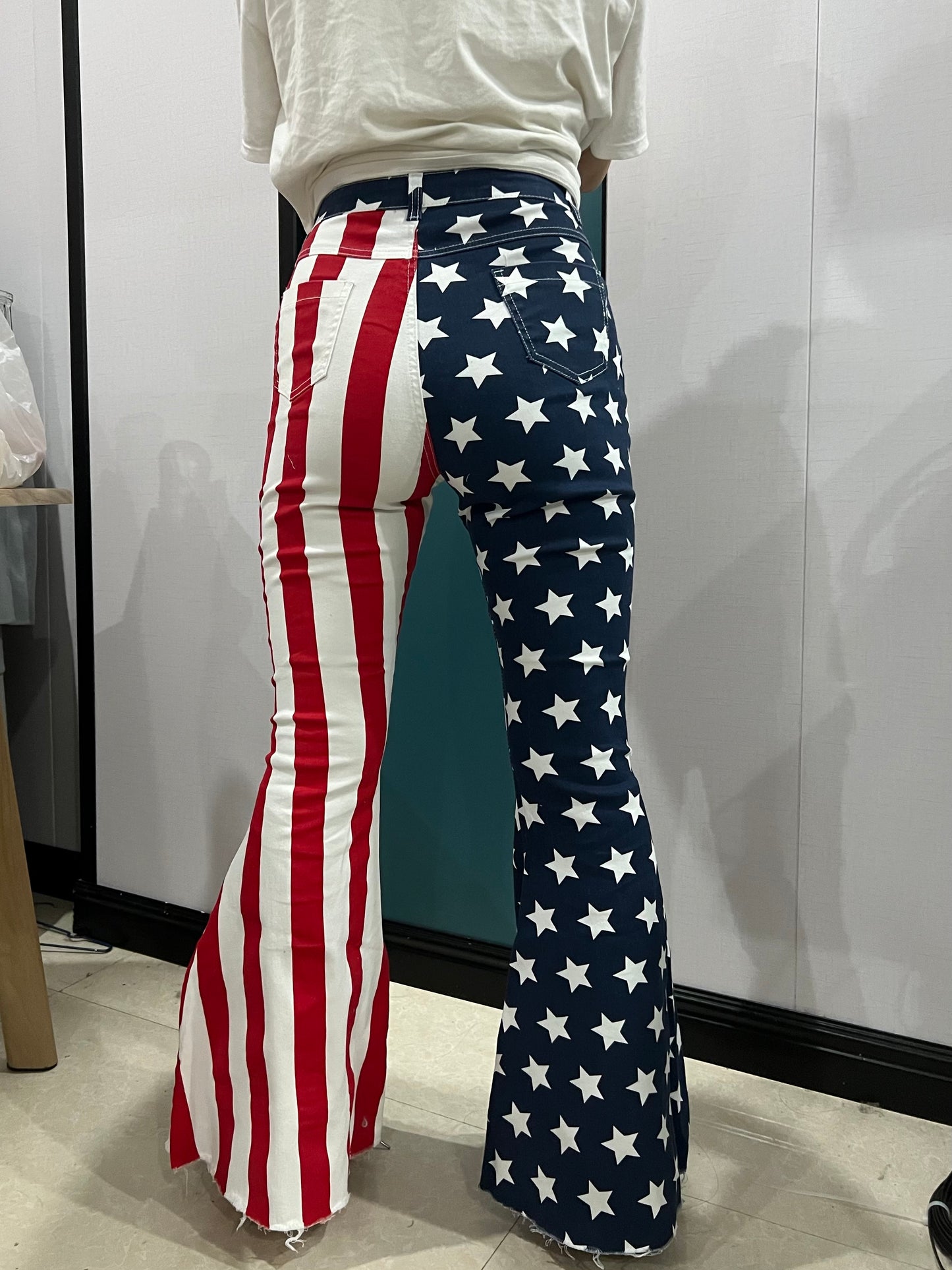P0119 Adult star & stripes denim 4th of July bell bottom jeans