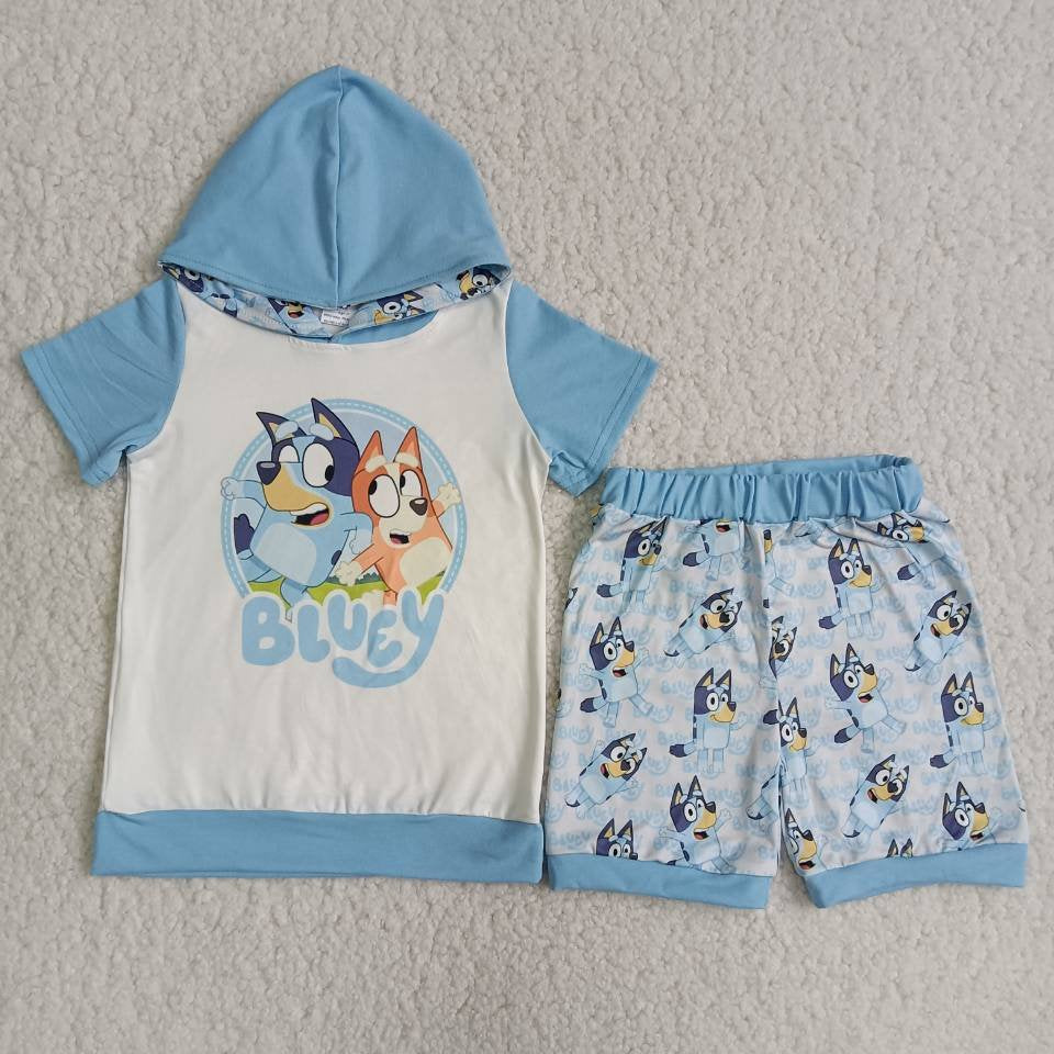 Boy's blue cartoon dog hooded shorts summer outfits C1-2