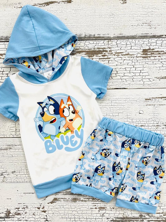 Boy's blue cartoon dog hooded shorts summer outfits  C1-2