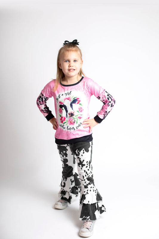 Girls fall COW print denim pants outfits      GLP0399