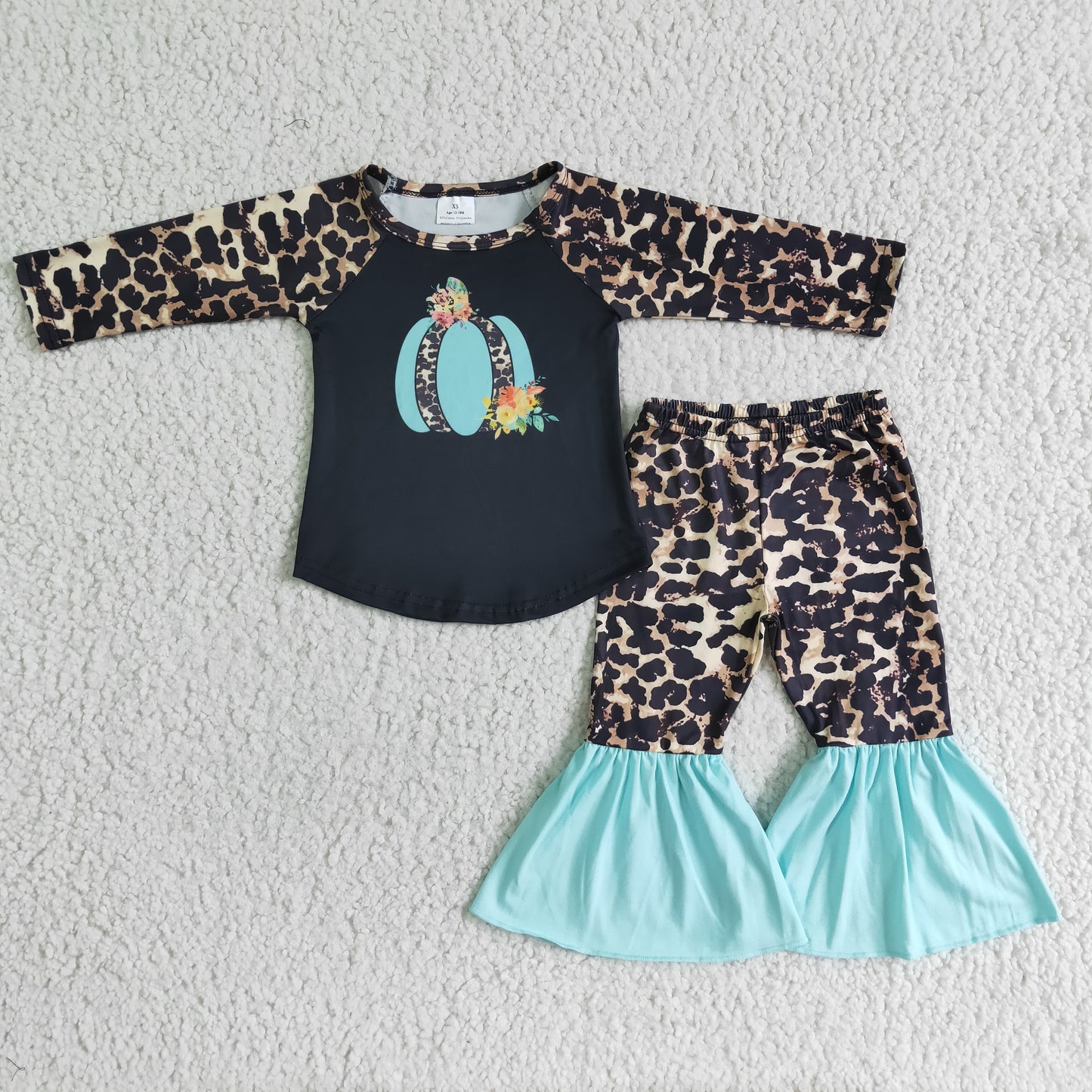 (Promotion) 6 A13-15 Turquoise Leopard Pumpkin Bell Pants Girls Fall Clothes Set