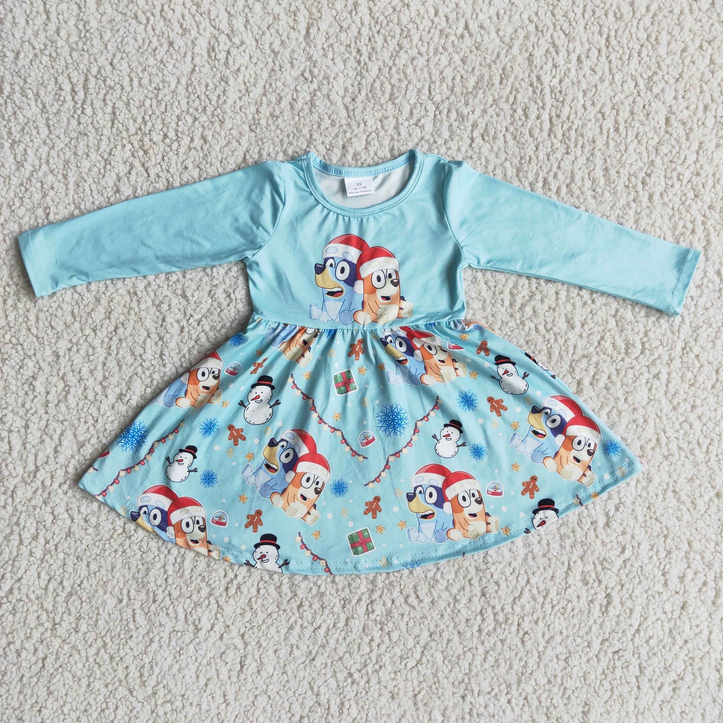 (Promotion)Long sleeve knee length blue cartoon dog Christmas dress 6 A20-27