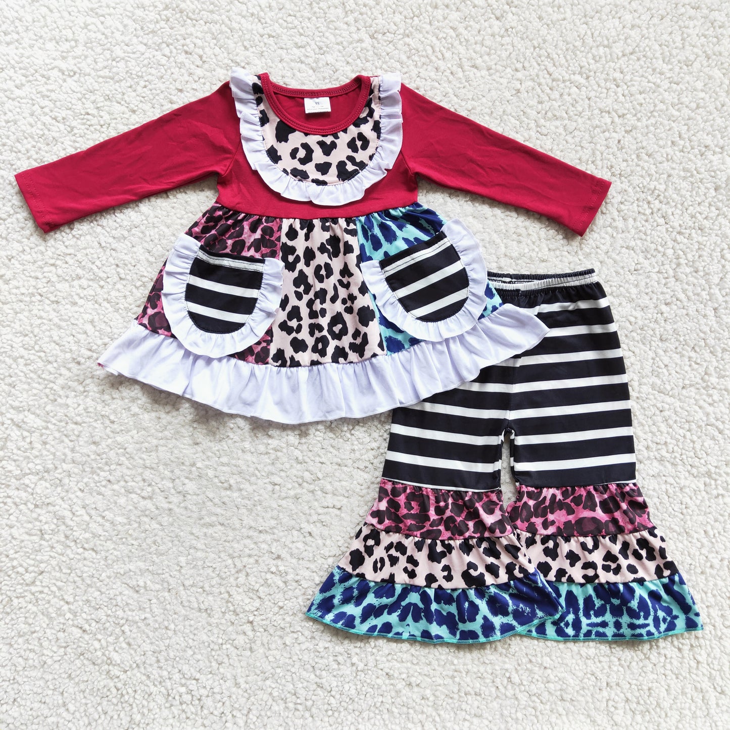 (Promotion)Girls long sleeve leopard print pockets outfits 6 A22-18