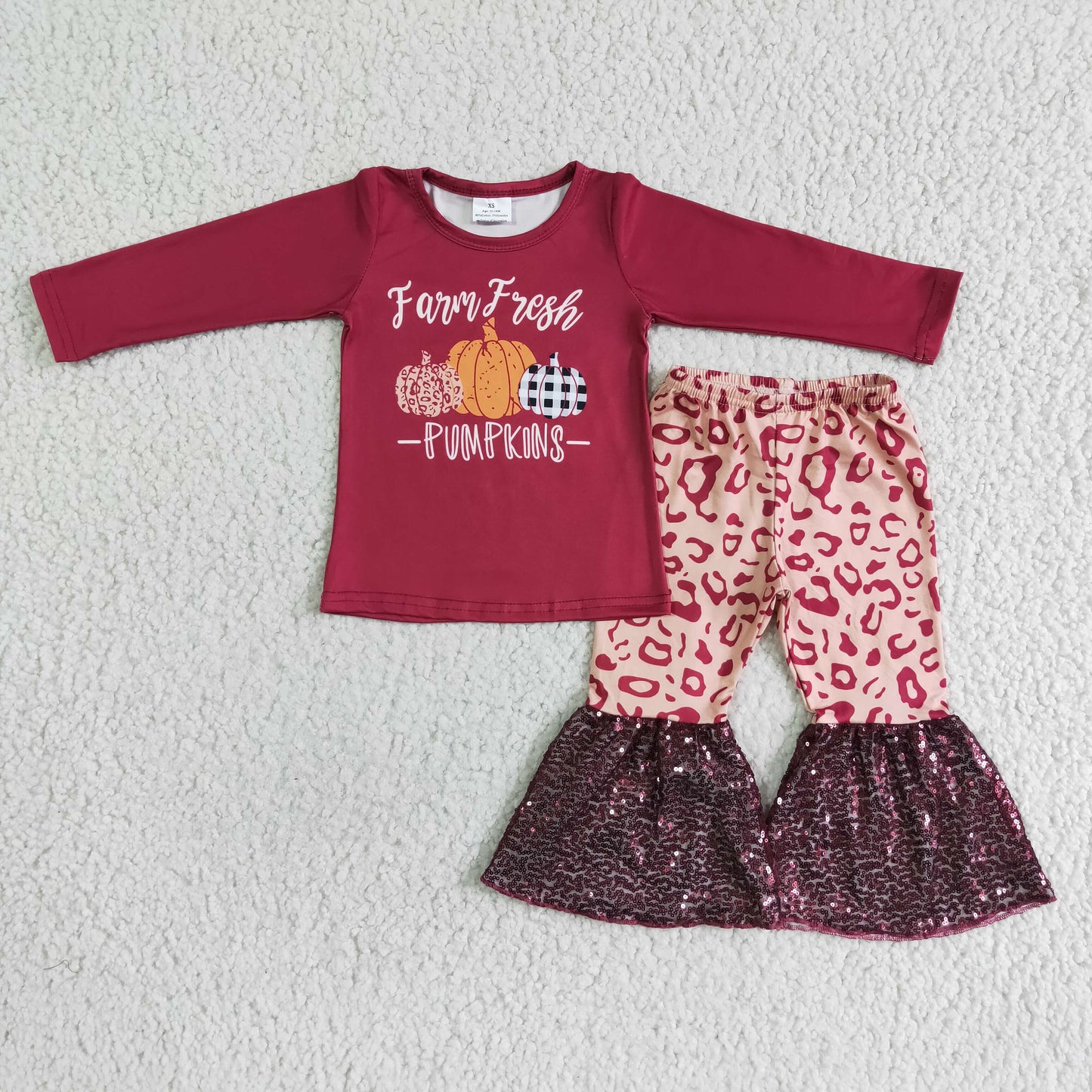 (Promotion) Pumpkin Top Leopard Sequin Bell Pants Girls Fall Outifts  6 A25-14
