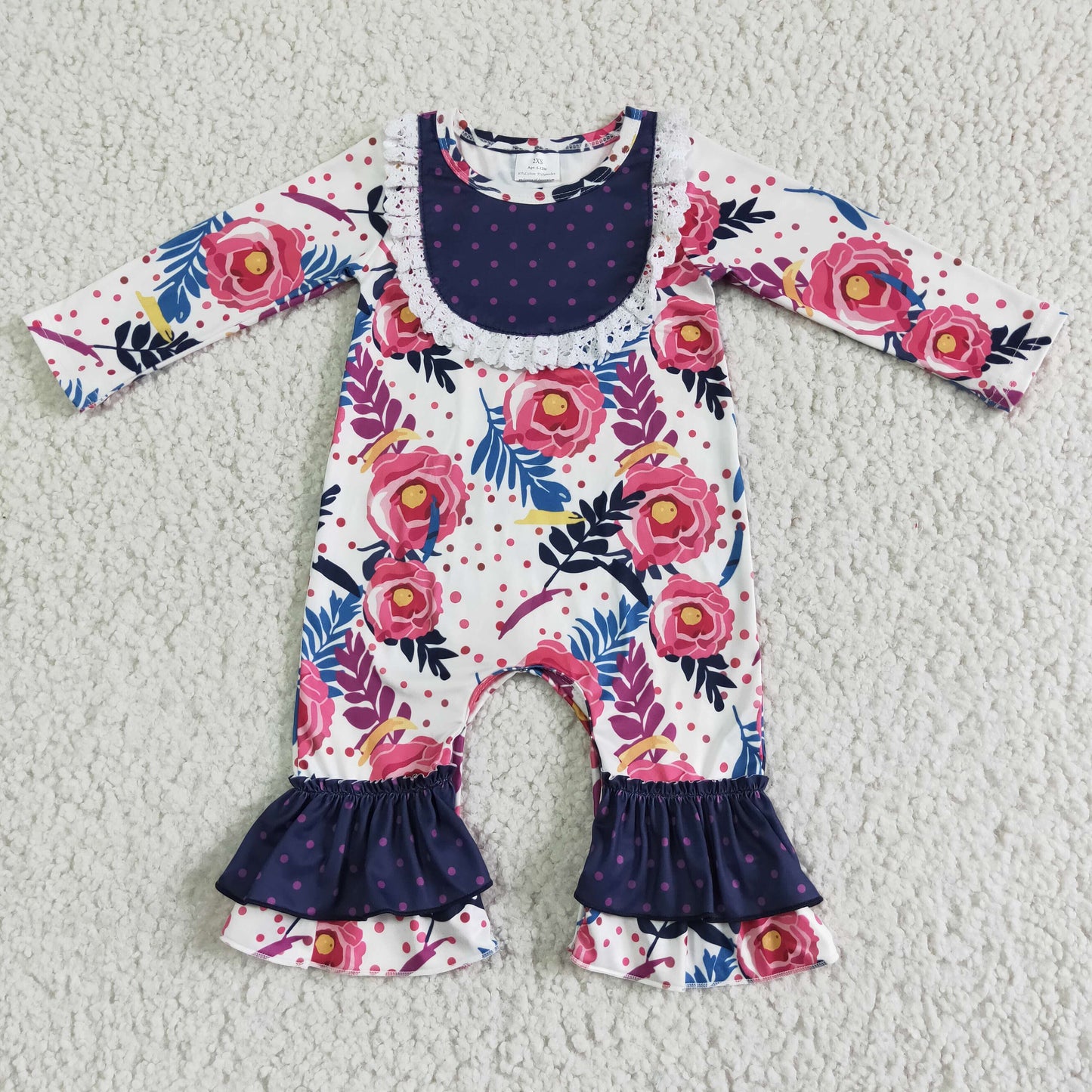(Promotion) Flowers Navy Dots Print Baby Girls Fall Ruffles Romper 6 A25-17