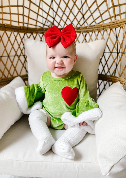 Heart Embroidery Green Velvet Baby Girls Long Sleeve Christmas Romper     6 A4-4