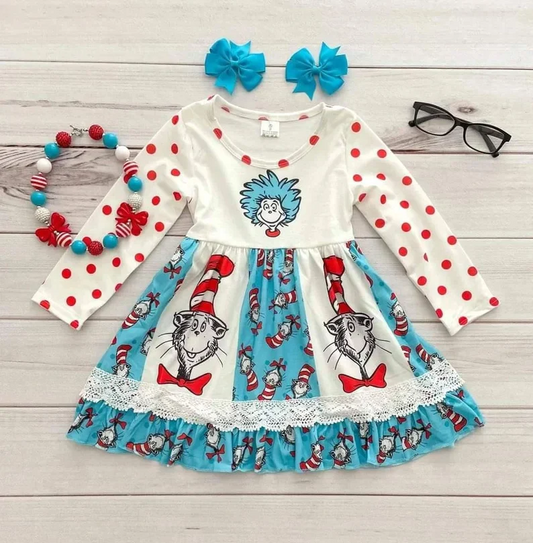 Long sleeve cat panel twirl dresses 6 A9-18