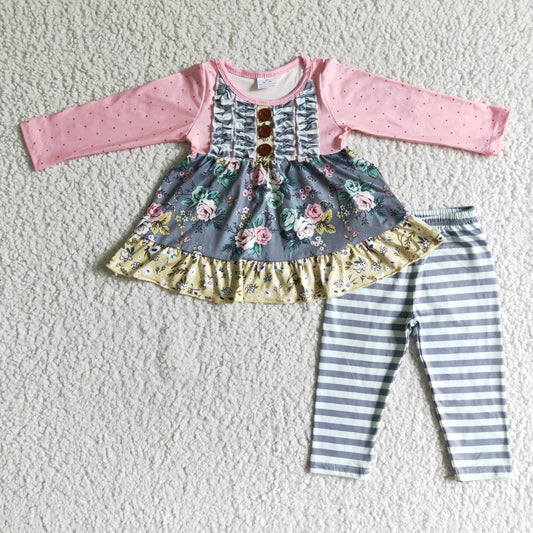 (Promotion)6 B0-17 Flowers Tunic Top Stripes Legging Pants Girls Clothes Sets