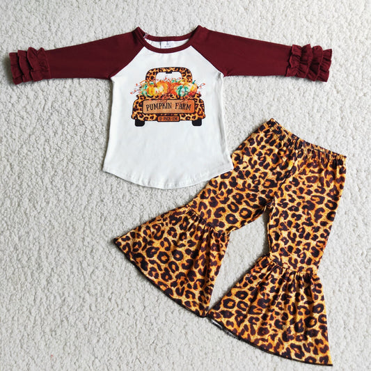 (Promotion) Pumpkin Truck Top Leopard Bell Pants Girls Fall Outfits 6 C8-37