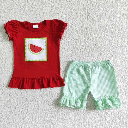 (Promotion)Girls summer watermelon embroidery outfits   A14-15