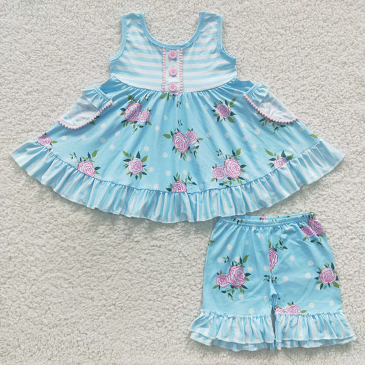 A17-2 Blue pockets twirl tunic floral girls summer outfits