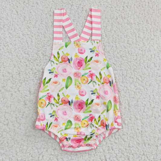 Pink flower stripe summer romper   A17-9-2