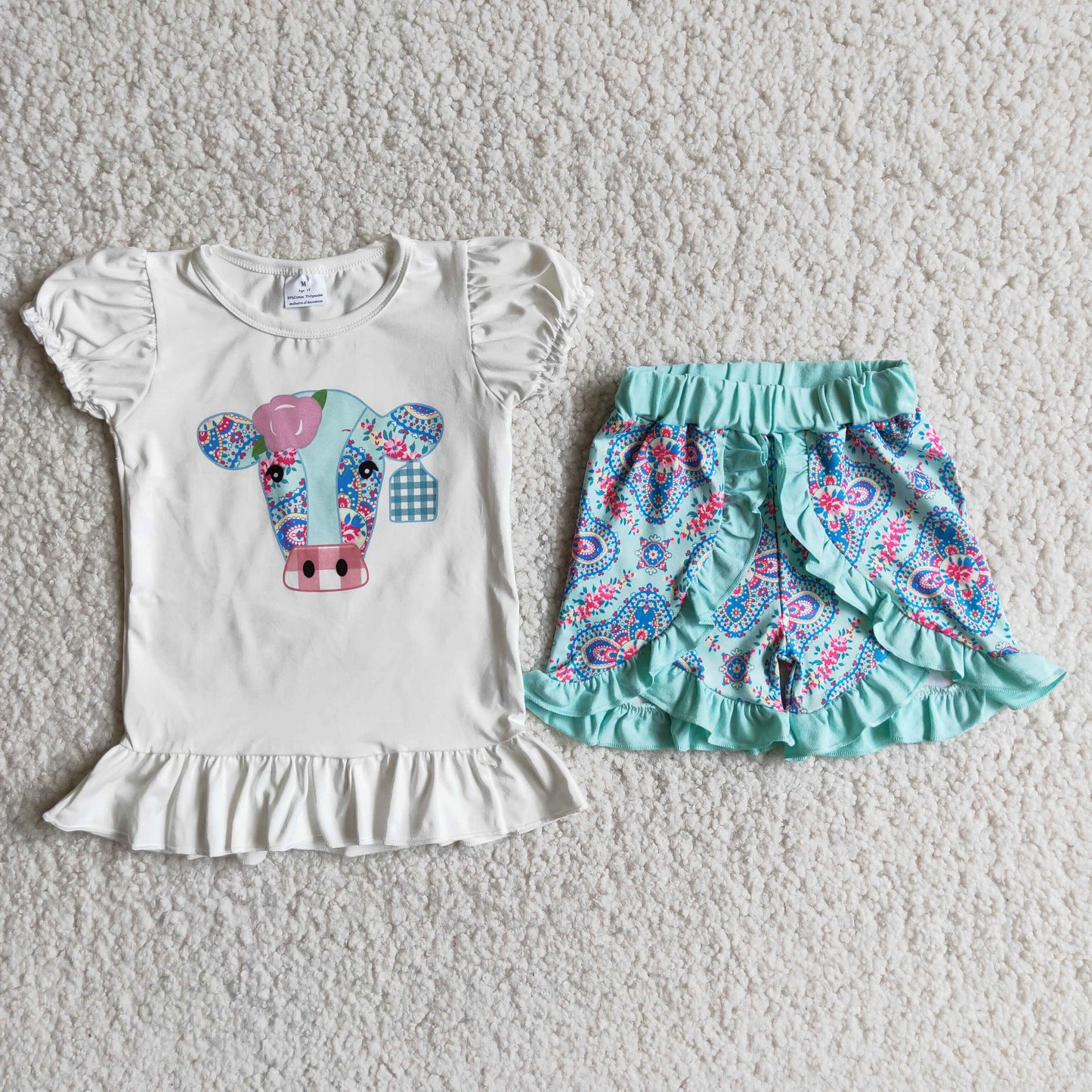 (Promotion) Short sleeve heifer print ruffles shorts summer outfits A4-12