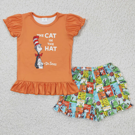 (Promotion)Girls reading orange cartoon print shorts summer sets A6-16