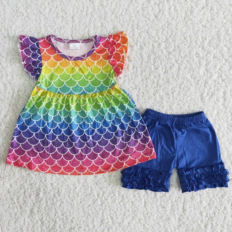 (Promotion) Colorful Scales Tunic Top Blue Shorts Girls Summer Outfits A7-4