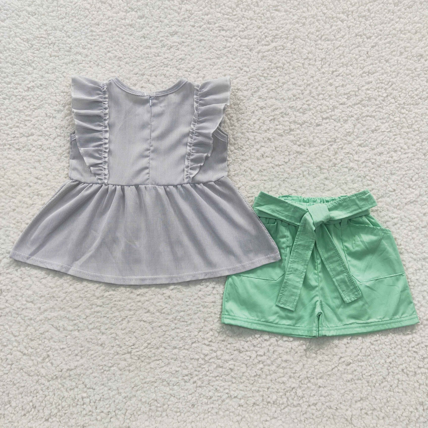 A9-22 Gray stripes woven cotton zipper top girls summer clothes set