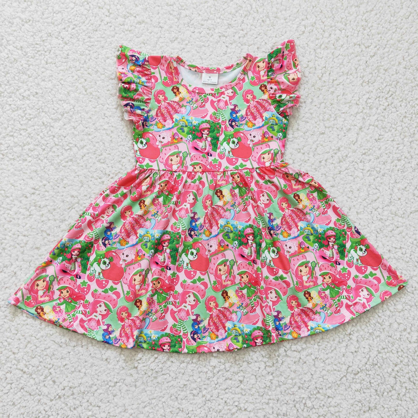 Flutter sleeves knee length cartoon strawberry girl print dress B10-12