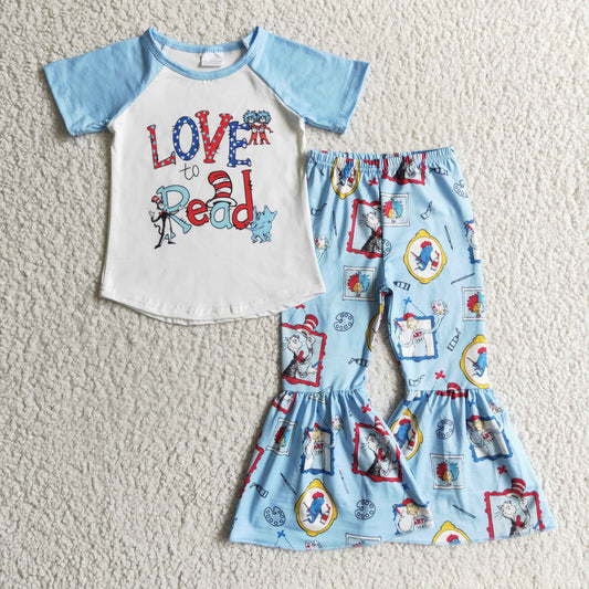 (Promotion)Girls blue cartoon print bell pants outfits   B12-14