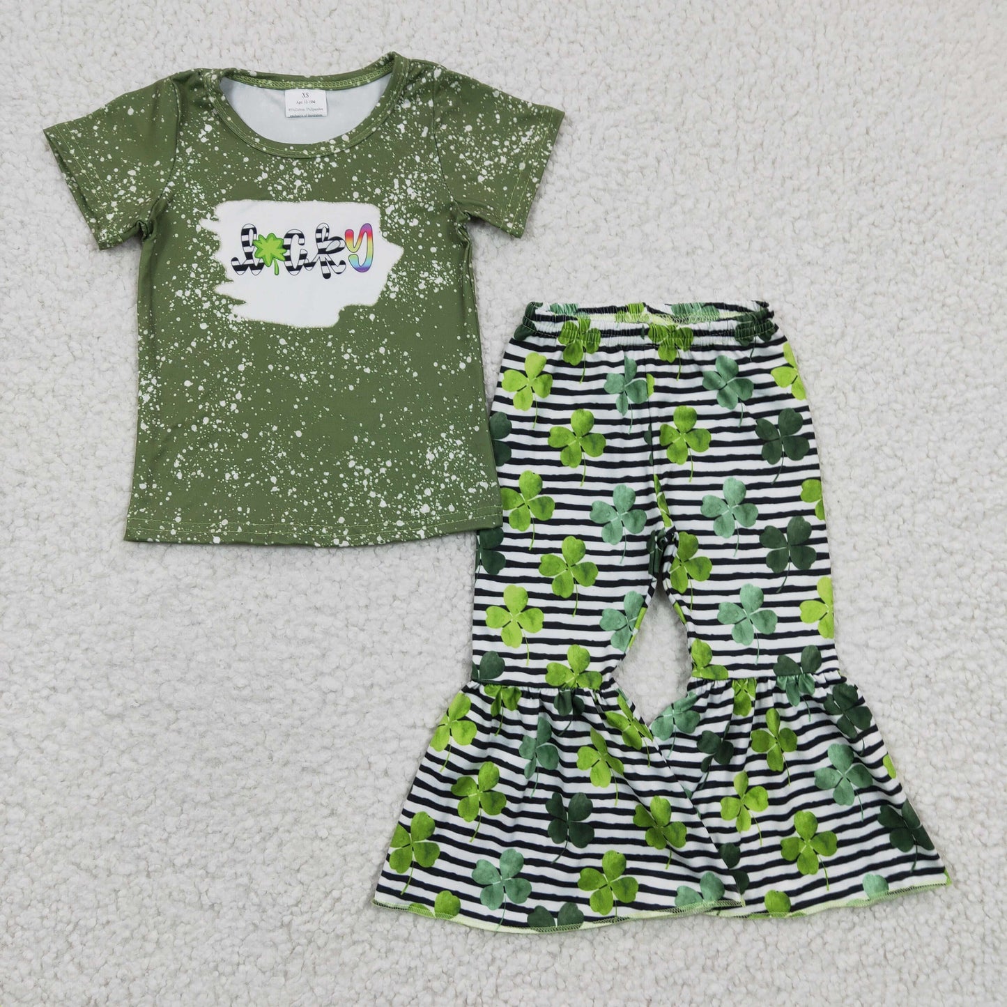 Green LUCKY print bell bottom pants St. Patrick Days' outfits B14-4
