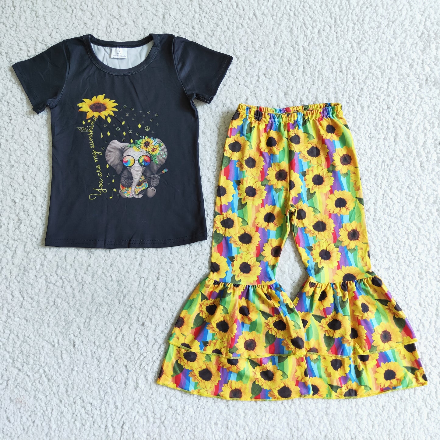 (Promotion)Short sleeve Elephant sunflower print bell bottom pants outfits B16-10