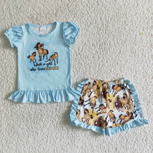 (Promotion)Girls blue horse print ruffles shorts summer outfits   B17-30