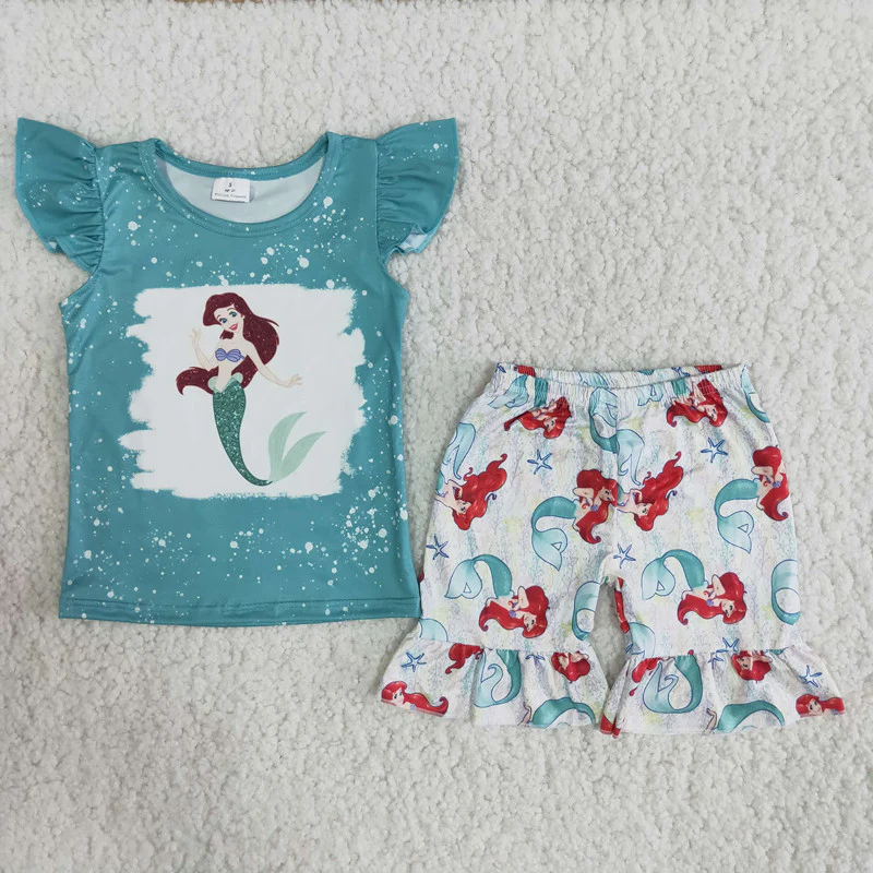 (Promotion)Girls flutter sleeve cartoon princess blue shorts summer clothing set B5-14