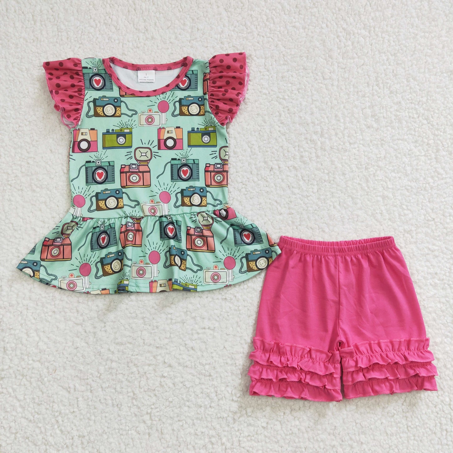 Flutter sleeves top camera print shorts summer outfits B8-21