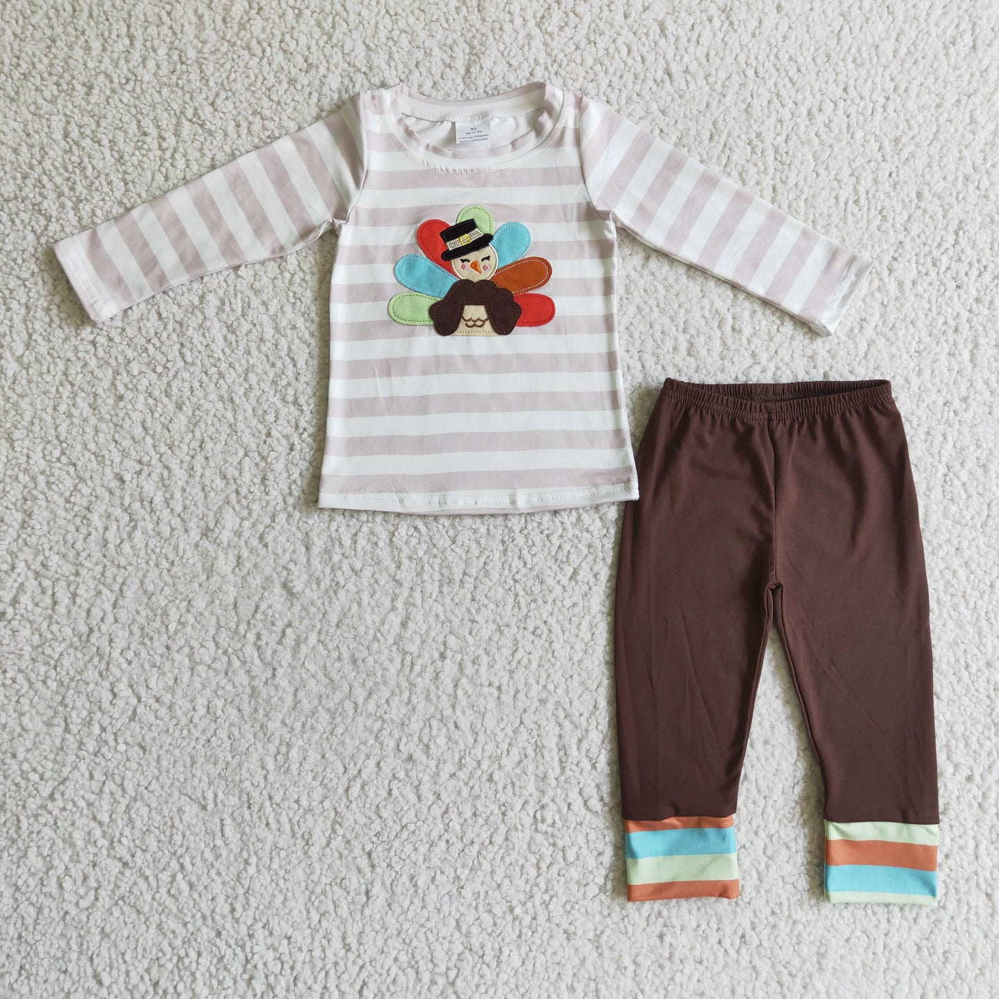 (Promotion)Turkey Embroidery Stripes Top Brown Pants Boys Thanksgiving Outfits  BLP0081