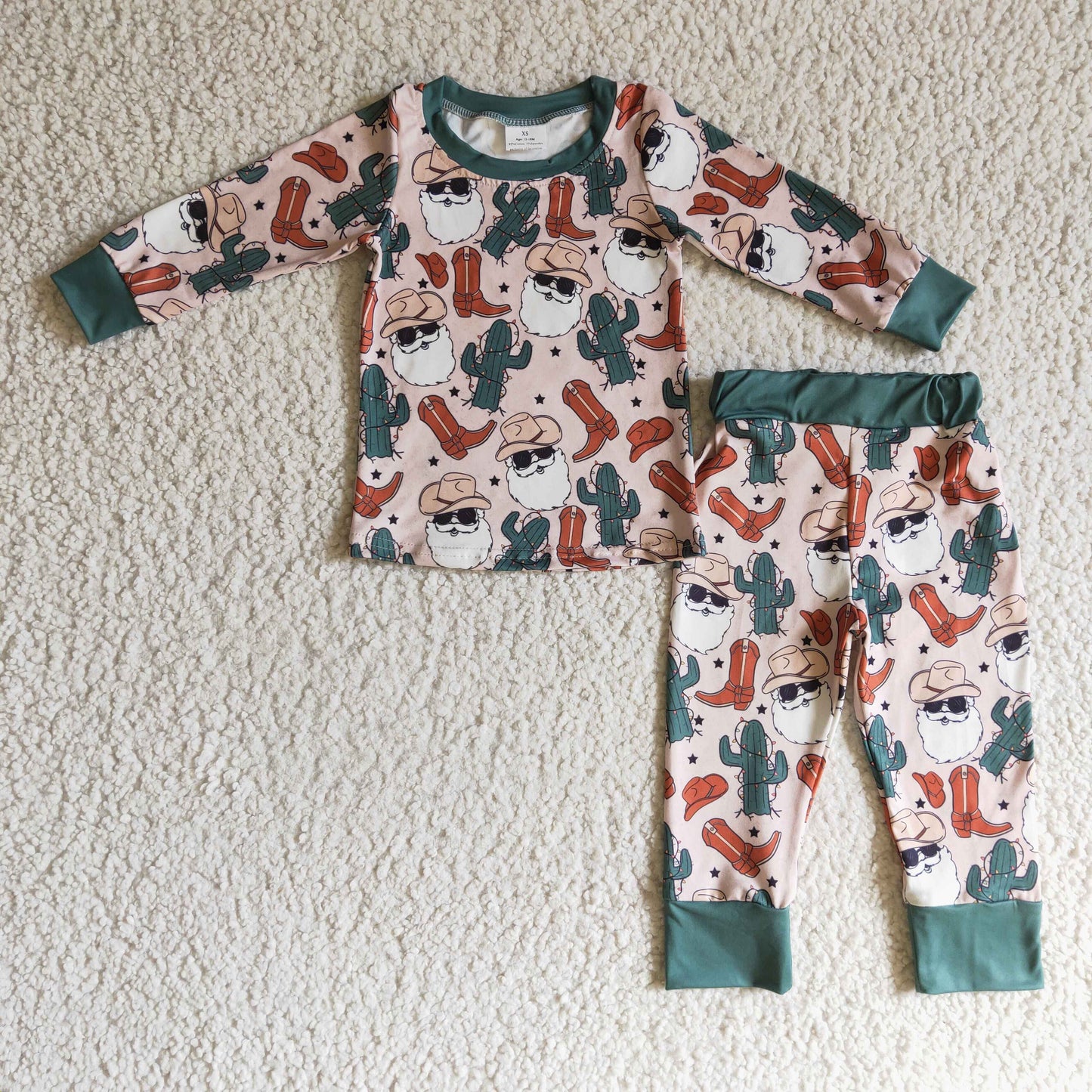 (Promotion) Santa Cowboy Cactus Print Boys Christmas Pajamas Outfits     BLP0115