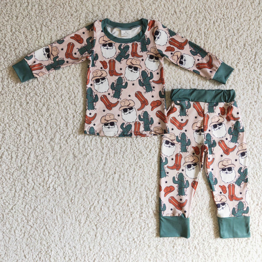 (Promotion) Santa Cowboy Cactus Print Boys Christmas Pajamas Outfits     BLP0115