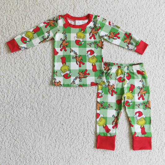 (Promotion)Green Frog Plaid Print Boys Christmas Pajamas Outfits       BLP0121
