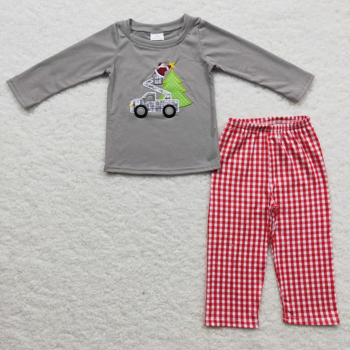 (Promotion)Grey truck Santa tree embroidery top red plaid pants boys Chritmas outfit BLP0135