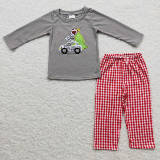 (Promotion)Grey truck Santa tree embroidery top red plaid pants boys Chritmas outfit    BLP0135
