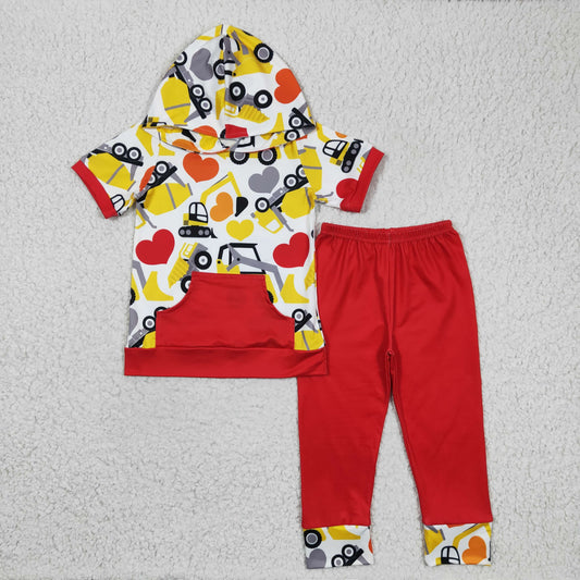 Boy short sleeve hoodie excavator heart print Valentine's Day outfits   BSPO0050