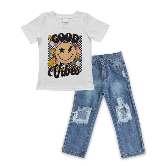 BSPO0109 Good V smile print top hole denim pants boys clothes set