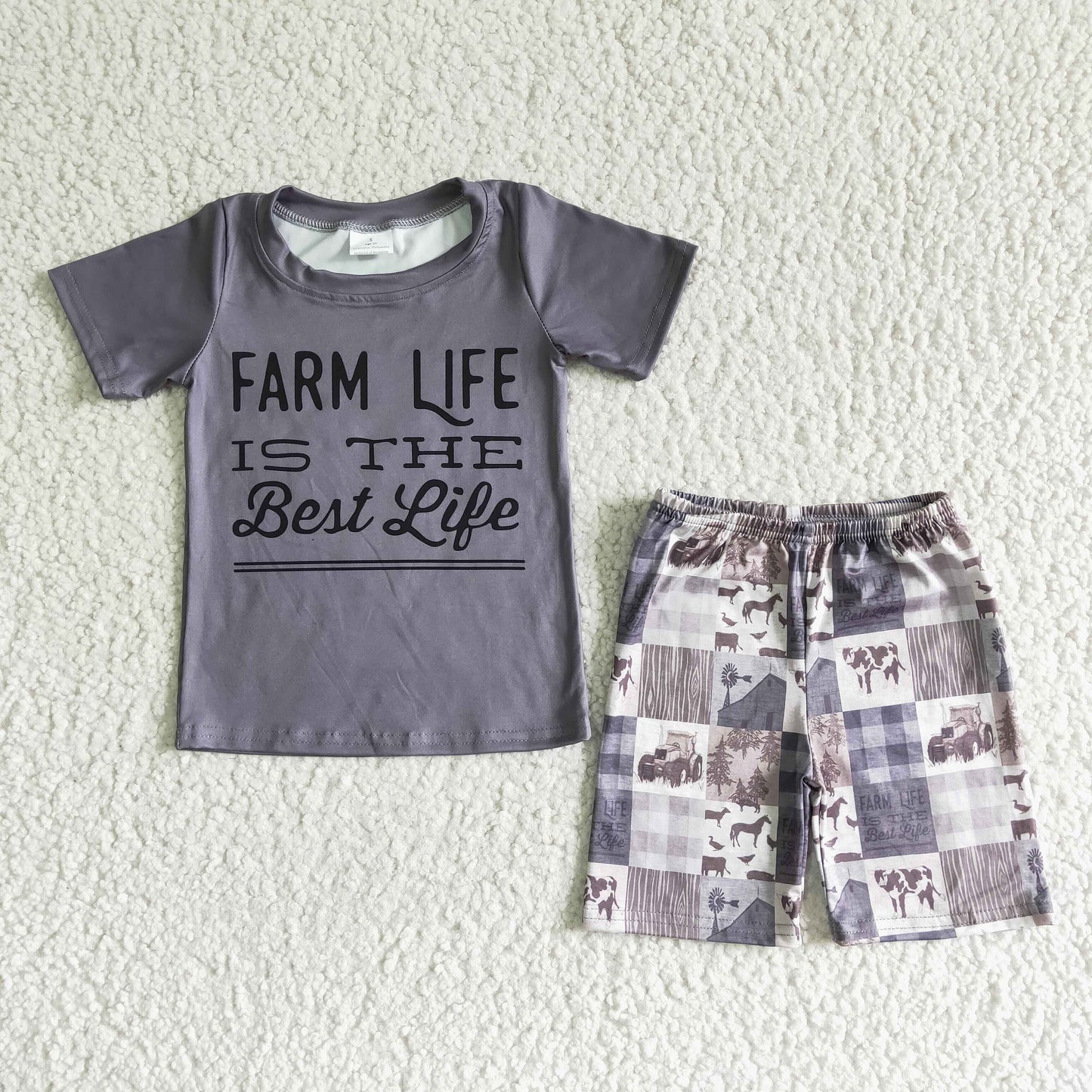 Farm life is the best life gray print boys shorts summer outfits BSSO0029