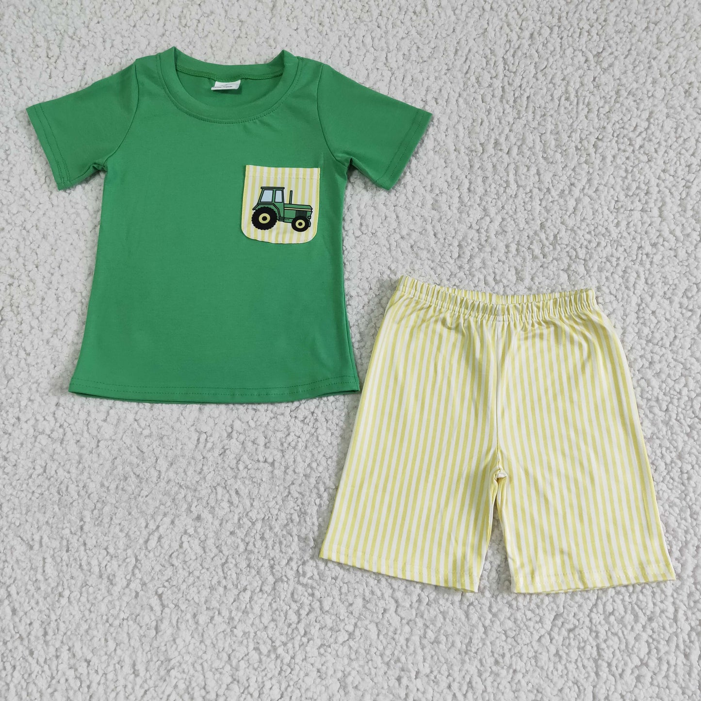 (Promotion)Boys short sleeved greeg cotton top Tractors print pockets summer outfits BSSO0058