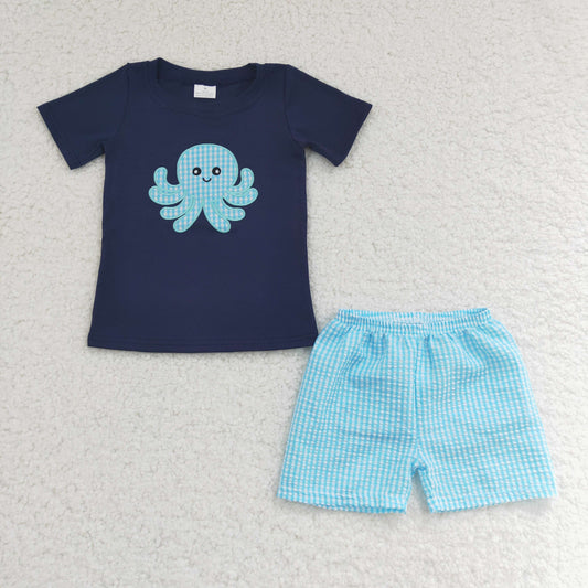 (Promotion)Devilfish Embroidery Navy Top Plaid Shorts Boys Summer Outfits    BSSO0088