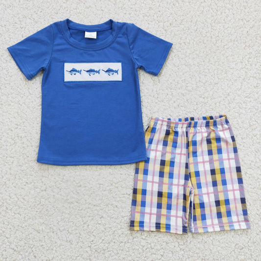 (Promotion)Boys fish print embroidery summer outfits  BSSO0125