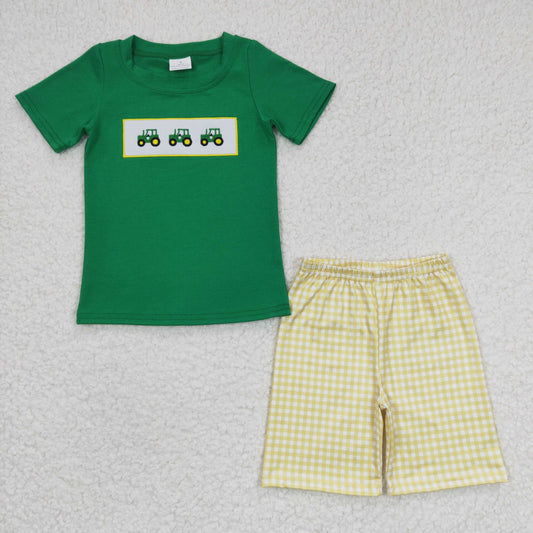 (Promotion)Boys tractor print embroidery summer outfits  BSSO0126