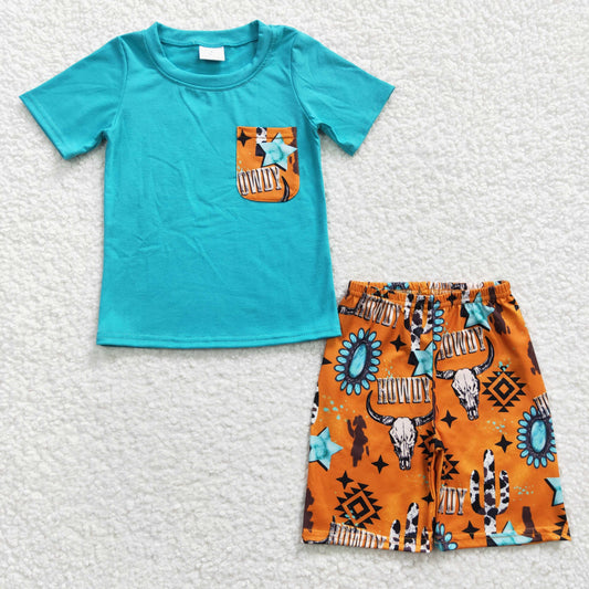 (Promotion)Boys cow skull print summer western outfits BSSO0140