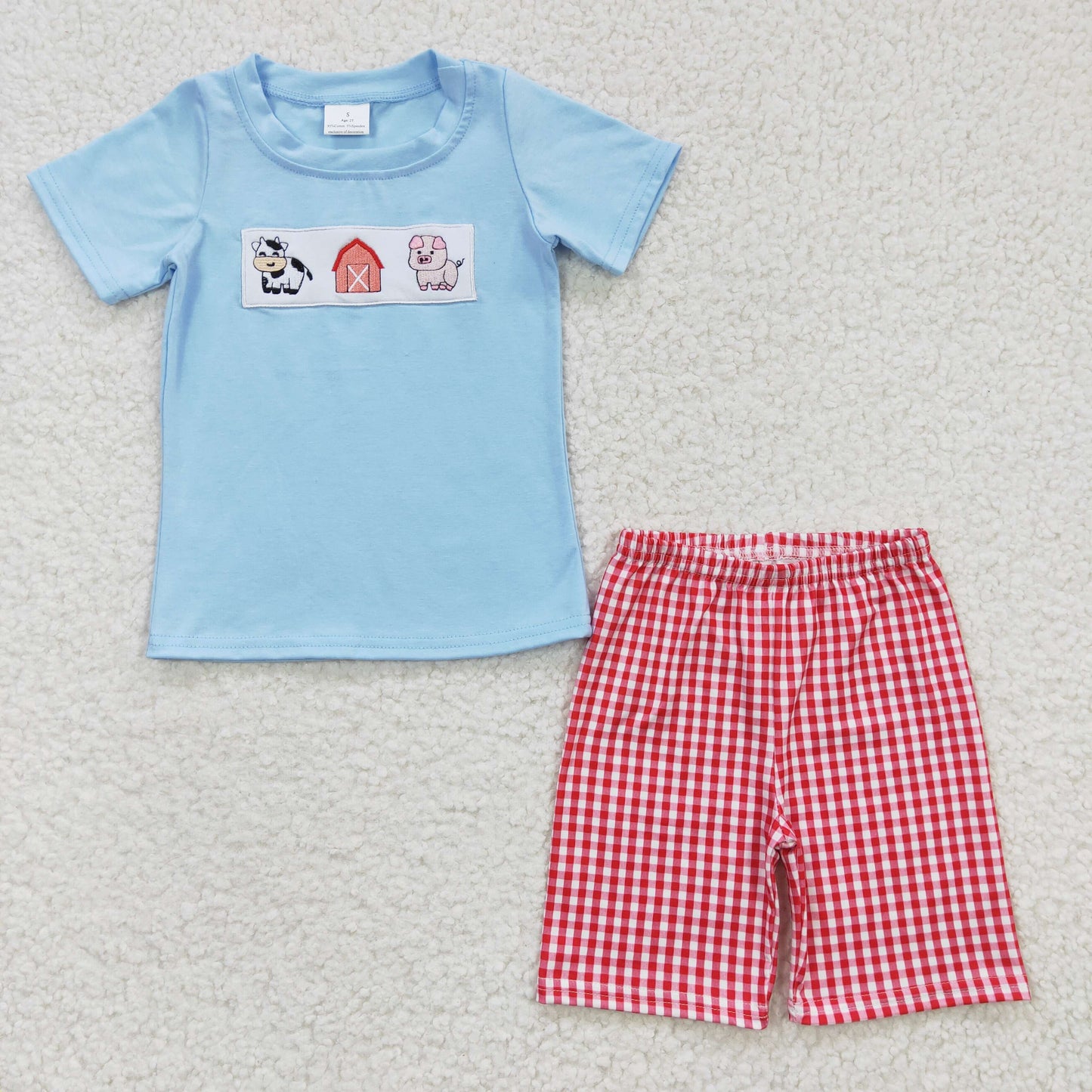 Farm Animals Embroidery Blue Top Plaid Shorts Sibling Summer Matching Clothes