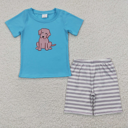 Boys blue dog print summer shorts outfits BSSO0214