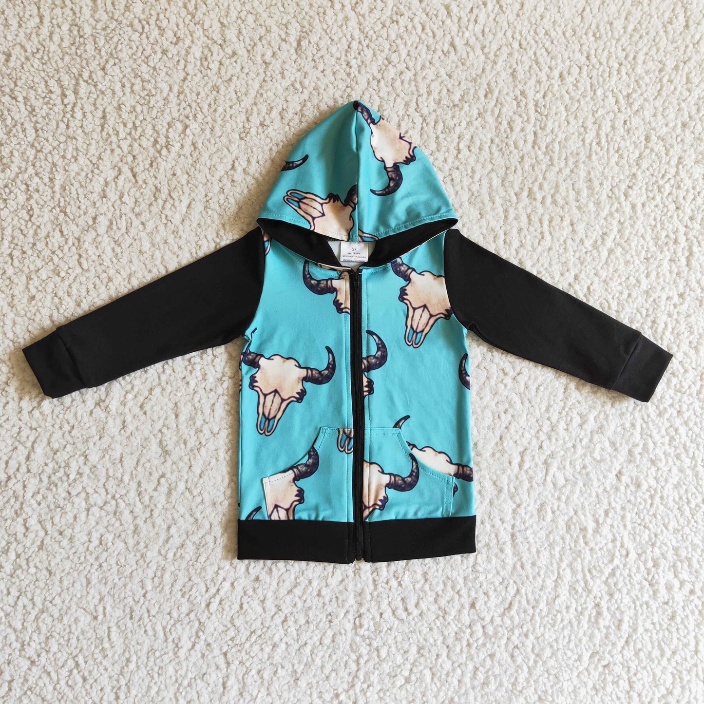 (Promotion)Boys cow aqua print zipper western hoodie jacket BT0083