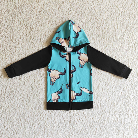 (Promotion)Boys cow aqua print zipper western hoodie jacket   BT0083